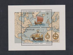 Faroe Islands #238  MNH 1992  sheet Europa . Columbus .  Viking ship