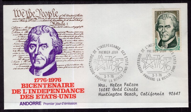 Andorra French 248 Thomas Jefferson Typed FDC