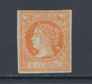 Spain Sc 50 MLH. 1860 4c orange on green Isabella II, imperf with 4 margins, VF