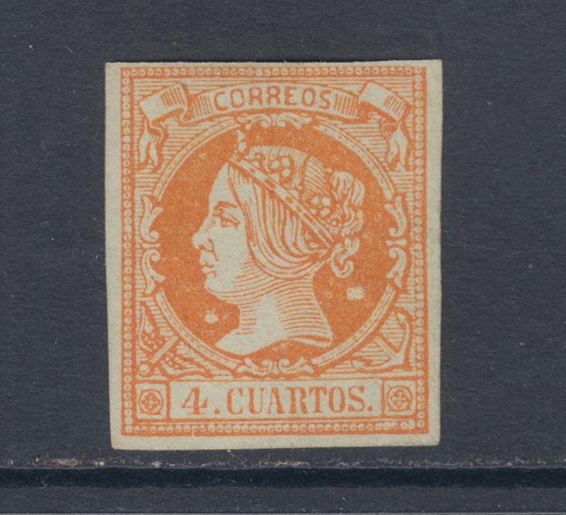 Spain Sc 50 MLH. 1860 4c orange on green Isabella II, imperf with 4 margins, VF