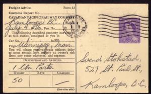 Canada # RK85b 1956 CPR Railway Freight advice Kamloops BC