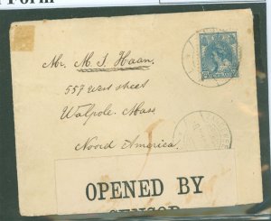 Netherlands  12 1/2 cent stamp with Zandweer marking; addressed to USA 9/1916/8 circular marking Zanderweer censor seal 4021.