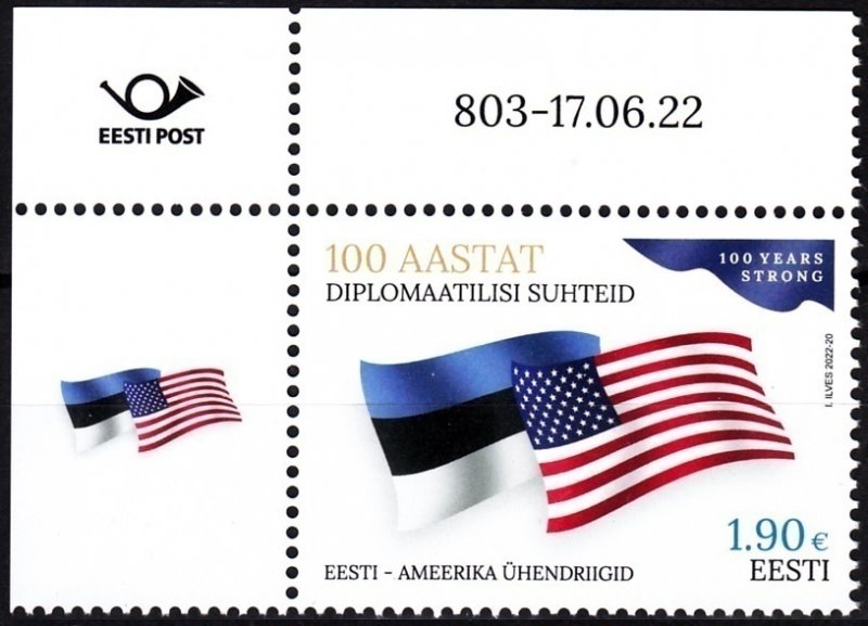 ESTONIA 2022-15 History Flags: USA Diplomatic Relations - 100. Data CORNER, MNH