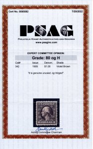 US 342 $1 1909 George Washington PSAG grade 80 unused OG hinged
