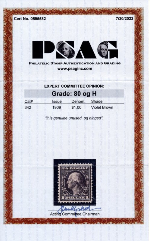 US 342 $1 1909 George Washington PSAG grade 80 unused OG hinged