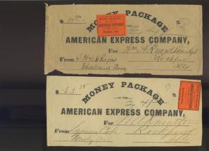 27 AMERICAN EXPRESS CO. MONEY PACKAGE LABELS LARGE LOT W/MANY SCARCE TOWNS!!!