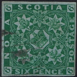 NOVA SCOTIA 1851 CROWN AND FLOWERS 6D DEEP GREEN USED