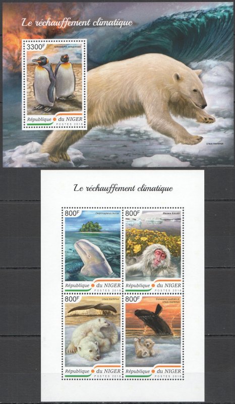 HM1716 2018 NIGER PENGUINS POLAR BEARS WHALES GLOBAL WARMING #5898-1+BL881 MNH