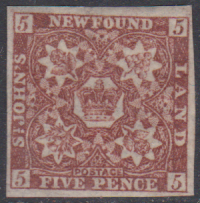 NEWFOUNDLAND 1861 MINT OG 5d CH/BROWN SG19  4 GOOD MARGINS