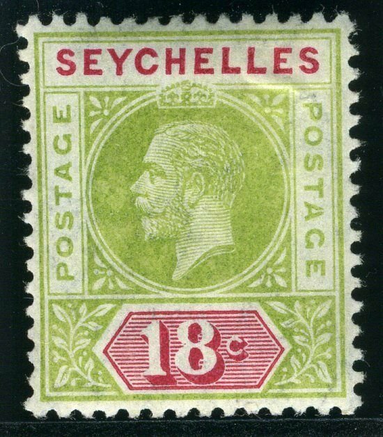 SEYCHELLES-1912-16 18c Sage Green & Carmine SPLIT A.  Unmounted mint Sg 76a