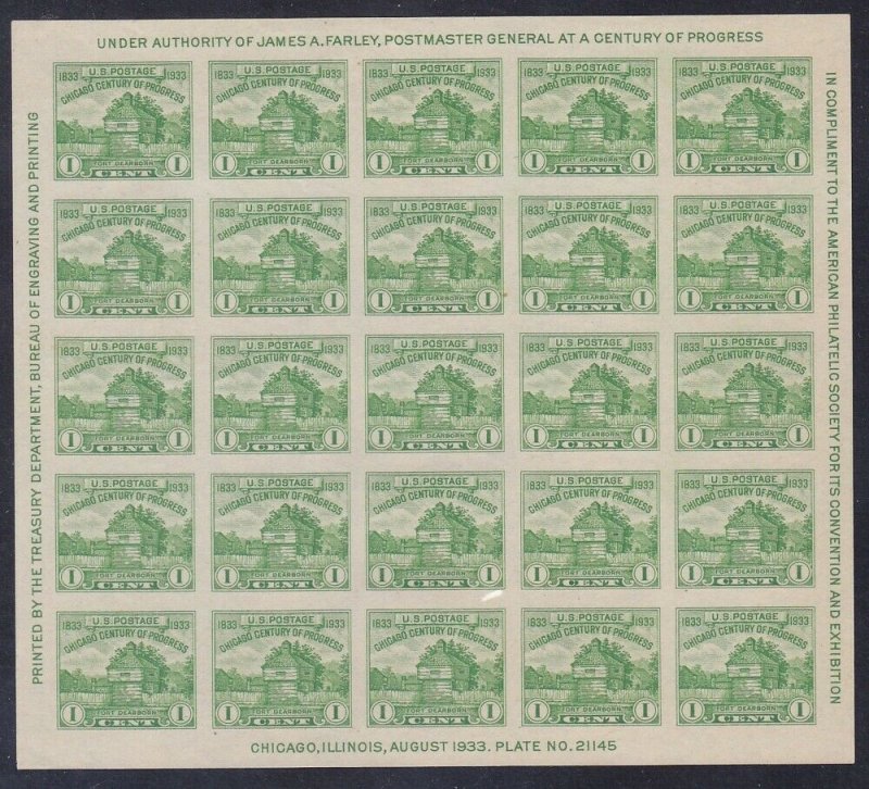 US 730 MNH 1933 1¢ APS Restoration Fort Dearborn IMPERF SS of 25 PO Fresh 