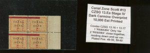 Canal Zone 13 Mint Block of 4 Stamps CZSG Var 13.16 & 13.17 & IMPRINT (By 322)