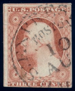 US 11 3c 1851 Washington type I imperf dull red F-VF Boston Express Mail cancel