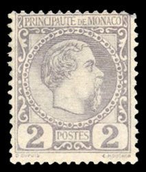 Monaco #2 Cat$57.50, 1885 2c dull lilac, hinged