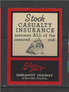 ~Early 1900s Stock Casualty Insurance, Glens Falls, NY - Ad Poster Stamp (AW8)