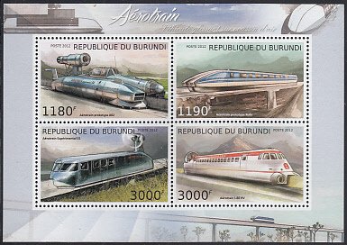 Burundi 2012 MNH Sc #1248 Sheet of 4 Aerotrains