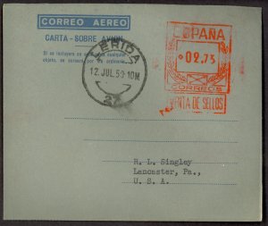 SPAIN 1950 2.75p Aerogramme EDIFIL No.17 LERIDA to USA Used