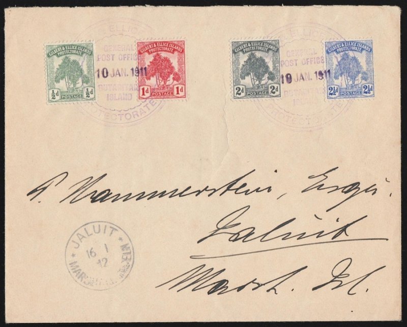 GILBERT & ELLICE ISLANDS 1911 cover franked Pandanas set to Marshall Islands. 