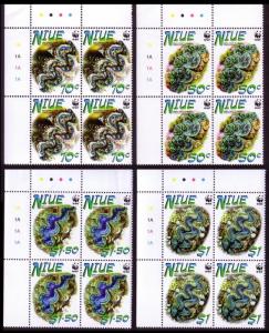 Niue WWF Small Giant Clam 4 Corner Blocks with margins SG#909-912 MI#973-976