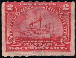 R164p 2¢ Battleship Documentary Stamp: Hyphen Hole  Perf 7 (1898) Used