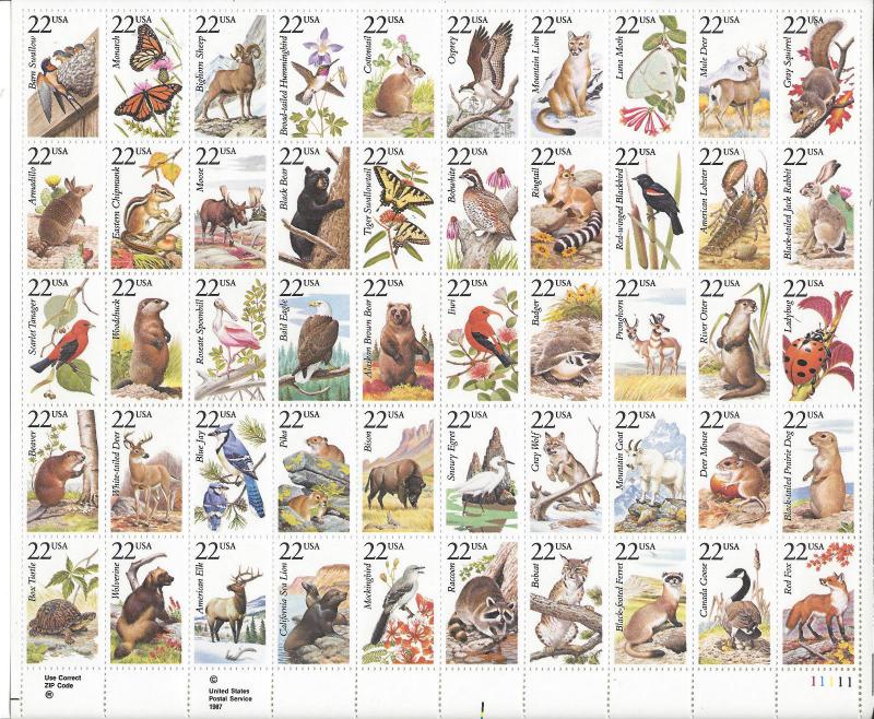 2286 2335 Full Sheet 22cent North American Wildlife 50 stamps cv$ 50.00 Fauna 