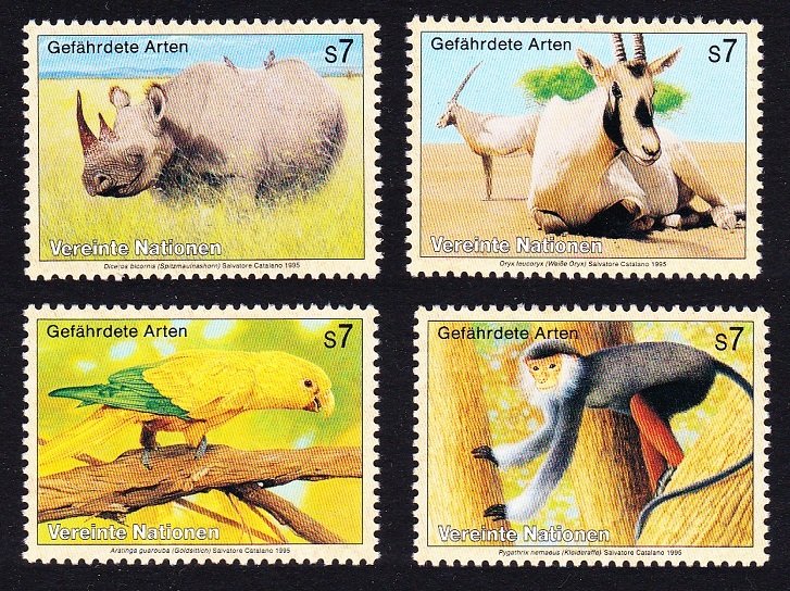 UN Vienna Birds Rhinoceros Parrot Monkey Oryx 4v 1995 MNH SC#183-186