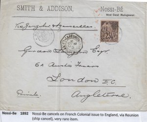 Nossi-Be to England 1892 via Reunion (Ship cancel) Very Rare Cover (51965)