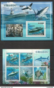 2009 S. Tome & Principe Ships Submarines Marine Life Sharks Birds Kb+Bl ** Ns93