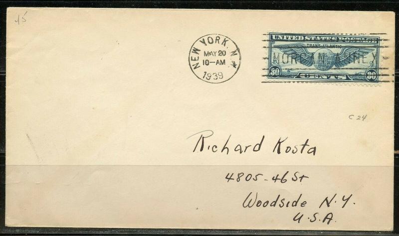 UNITED STATES 1939 AIRMAIL COVER  FRANKED #C24  NY  RECEIVAL CANCEL MARSEILLE