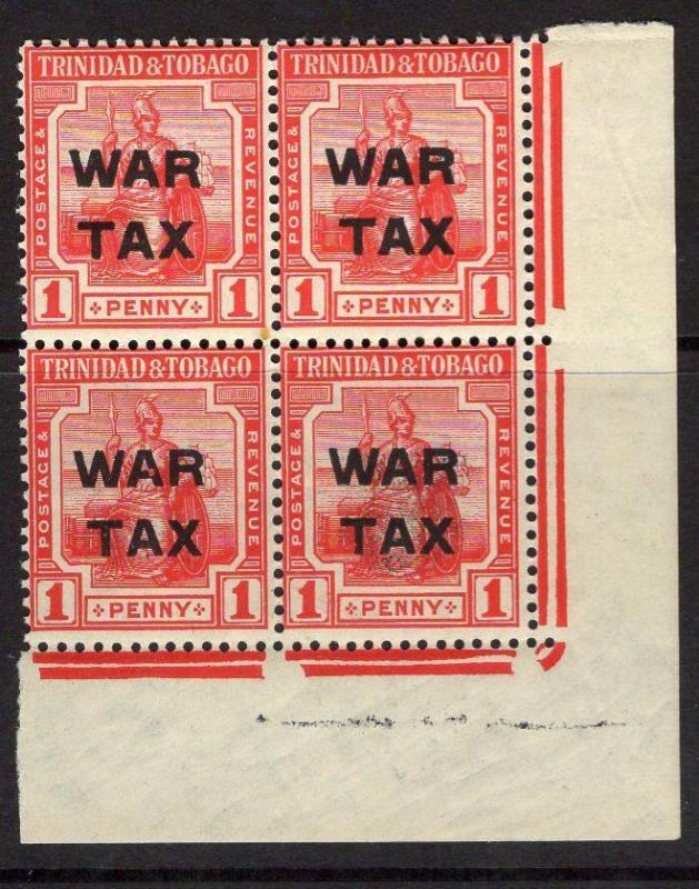 TRINIDAD & TOBAGO SG182 1917 1d RED MNH BLOCK OF 4(MTD IN MARGIN) 