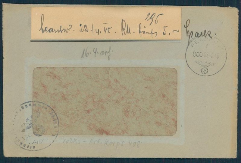 3rd Reich April 1945 Oder Volks Artillerie Korps VAK 408 Feldpost Cover G52761