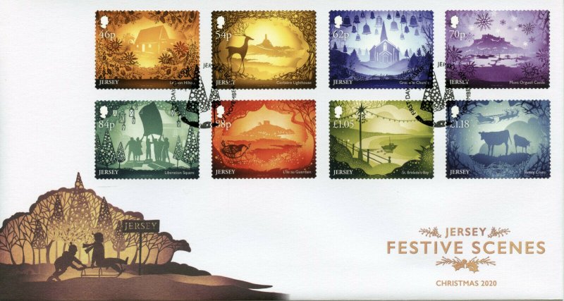 Jersey Christmas Stamps 2020 FDC Festive Scenes Landscapes Animals 8v S/A Set