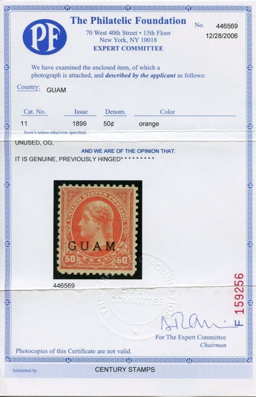 Guam #11, Mint-F-VF-OG-LH W/ PF Cert SCV $350 (DFP 8/17/20)