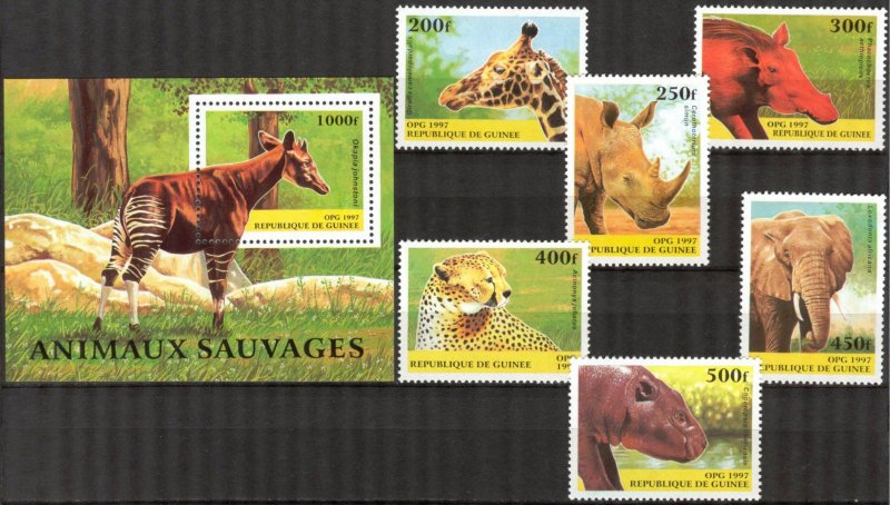 Guinea 1997 Fauna Animals Set of 6 +S/S MNH