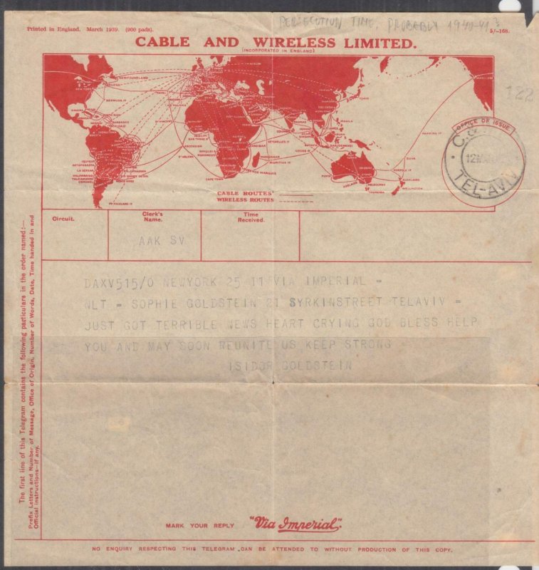 PALESTINE, TELEGRAM FORM, CABLE & WIRELESS Ltd., TEL AVIV, JUDAICA message. 