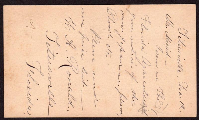 $US Florida Postal card History, LA Grange, DPO 9, Rare, 12/12/1887, SC.#ux9