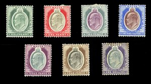 Malta #21-27 Cat$160.75, 1903-4 Edward, set of seven, hinged, some gum toning