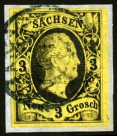 German States, Saxony #8 (Mi. 6) Cat€40, 1851 3ng black on yellow, used on ...