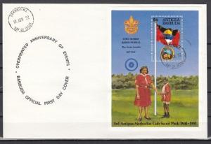 Barbuda, Scott cat. 1287. World Scout Jamboree s/sheet on a First day cover.