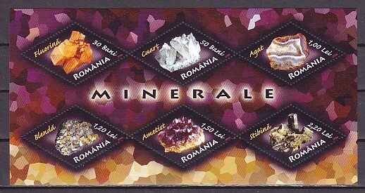 Romania, Scott cat. 4857a. Minerals on Odd shaped stamps on sheet of 6. ^