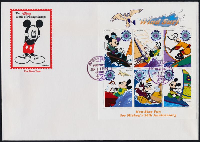 Antigua 2221,2221G on FDC - Disney Characters in Water Sports, Surfboard, Yacht