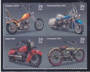 US 4088a (4085-88) MNH 2006 39¢ Early Motorcycles Block of 4 Very Fine