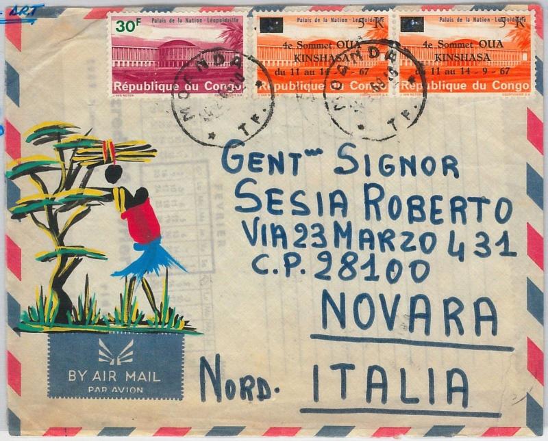 CONGO -  POSTAL HISTORY: OVERPRINTED STAMPS on HAND PAINTED COVER to ITALY 1969