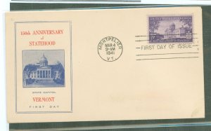 US 903 1941 3c Vermont/150th anniversary of statehood on an unaddressed first day cover with a Fidelity cachet.