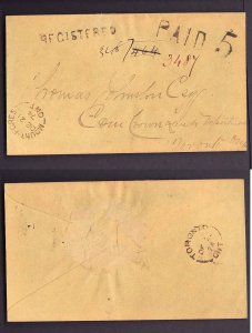 Canada-cover #14071 - Stampless reg'd-rated PAID 5-H/S Regis