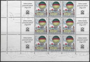 Czechoslovakia C91  used Bottom block of 9.  Praga 1978 Inter. Stamp Expo.