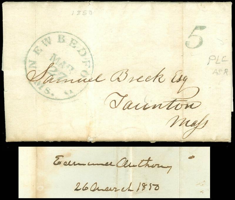 1850 Stampless NEW BEDFORD Ms., H/S 5- SAMUEL BRECK, TAUNTON MA, VOTER FRAUD?!