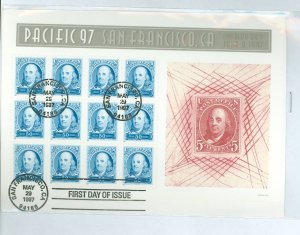 US 3139 Pacific 97 50c Benjamin Franklin FDC souvenir sheet of twelve on a card with first day cancels