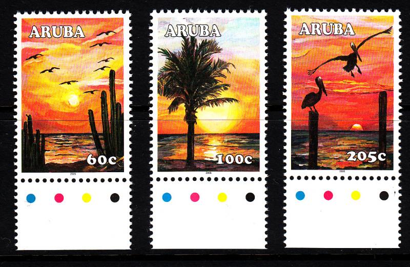 Aruba MNH Scott #265-#267 Set of 3 Sunsets: Bird and cacti, Palm tree, Pelica...