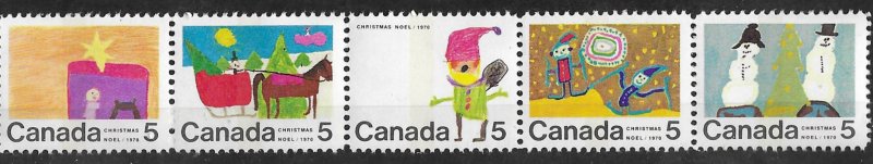 Canada # 523ap Christmas 1970 - 5c  TAGGED - Strip/5   (1) Mint NH